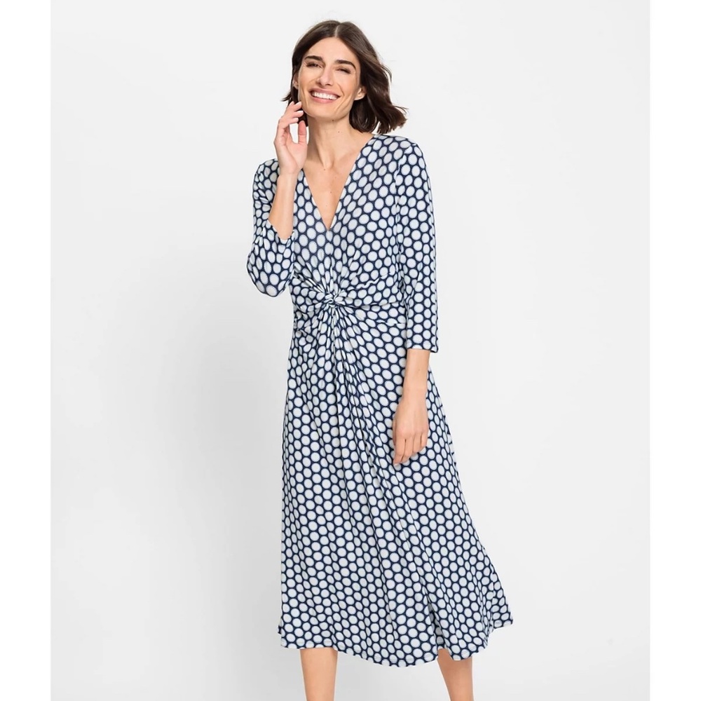 Olsen Women's 3/4 Sleeve A-Line Dot Print Midi Dress Blue and White, Size XL